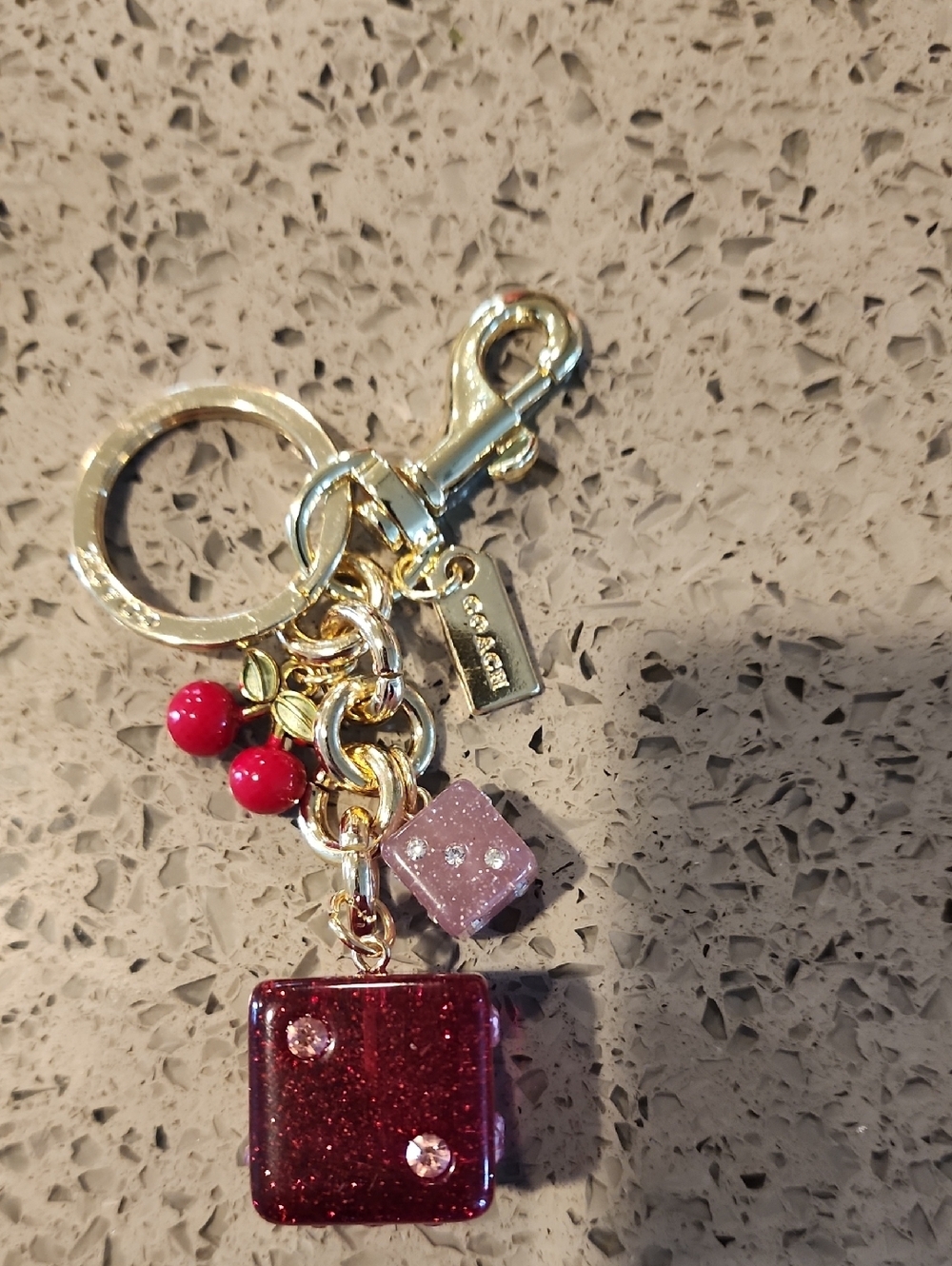 Purse Charm Gold-Tone Key & Card Holder Charm with Red and Pink Glitter Accents
